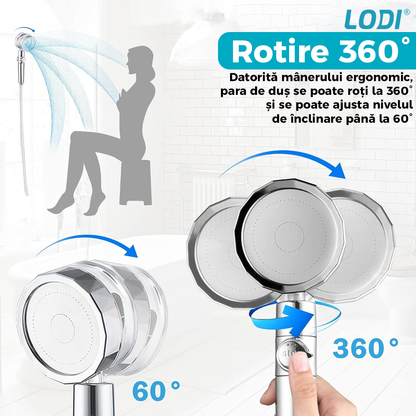 Para de Dus Turbo Lodi196, 2 filtre extra, buton On/Off, presiune ajustabila, filtrare apa, jet uniform, cap Rotativ 360°, albastru