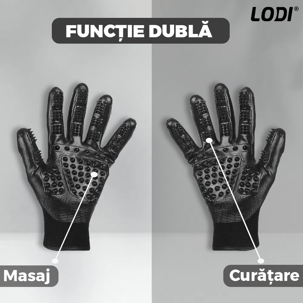 Set 2 Manusi Perii de Ingrijire si Curatare Caini, Pisici si Alte Animale de Companie Lodi422, periaj si masaj, prindere velcro, 25.5 x 13.5 cm, negru