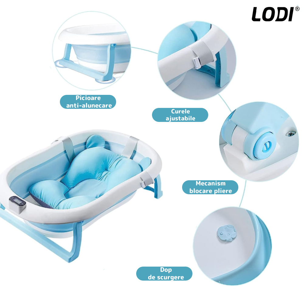 Cadita cu Pernuta pentru Bebelusi Lodi1316, casca de protectie inclusa, termometru digital incorporat, pliabila, dop de scurgere, picioare anti-alunecare, design ergonomic, 75 x 45 x 22 cm, albastru