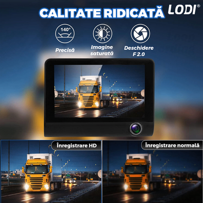 Camera Auto Tripla Lodi1498, fata, spate, interior, laterale, vizualizare unghi de 140°, camera marsarier, ecran de 4”, LED, full HD 1080p, loop recording, negru