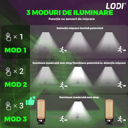 Lampa Solara Stradala 50 LED-uri Lodi884, control prin telecomanda, senzor de miscare, 3 moduri de iluminare, protectie IP65, Waterproof, exterior, negru