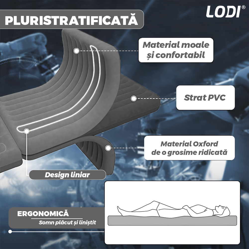 Saltea Auto Gonflabila 2 in 1 Lodi1238, scaun spate si travel bed, materiale calitative, pluristratificata, saculet de depozitare, pompa pentru umflare inclusa, 138 x 85 cm, gri