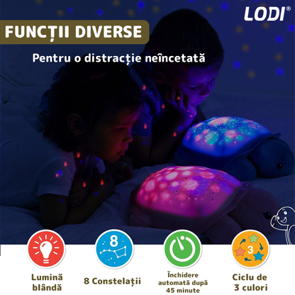 Lampa de Veghe Testoasa Lodi1415, proiector de lumini, 8 constelatii, lumina RBG, 2 cantece de adormit copiii, pufoasa si moale, mod inchidere automata, verde/maro
