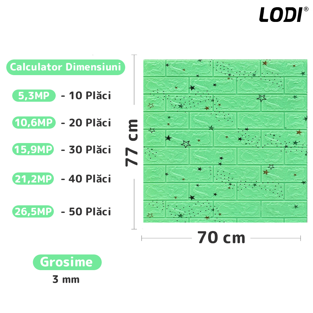 Set Tapet Caramida 3D Lodi72, model Stelute, suprafata acoperire 5.3 mp, autoadeziv, waterproof, usor de montat, design modern, 70x77 cm, verde