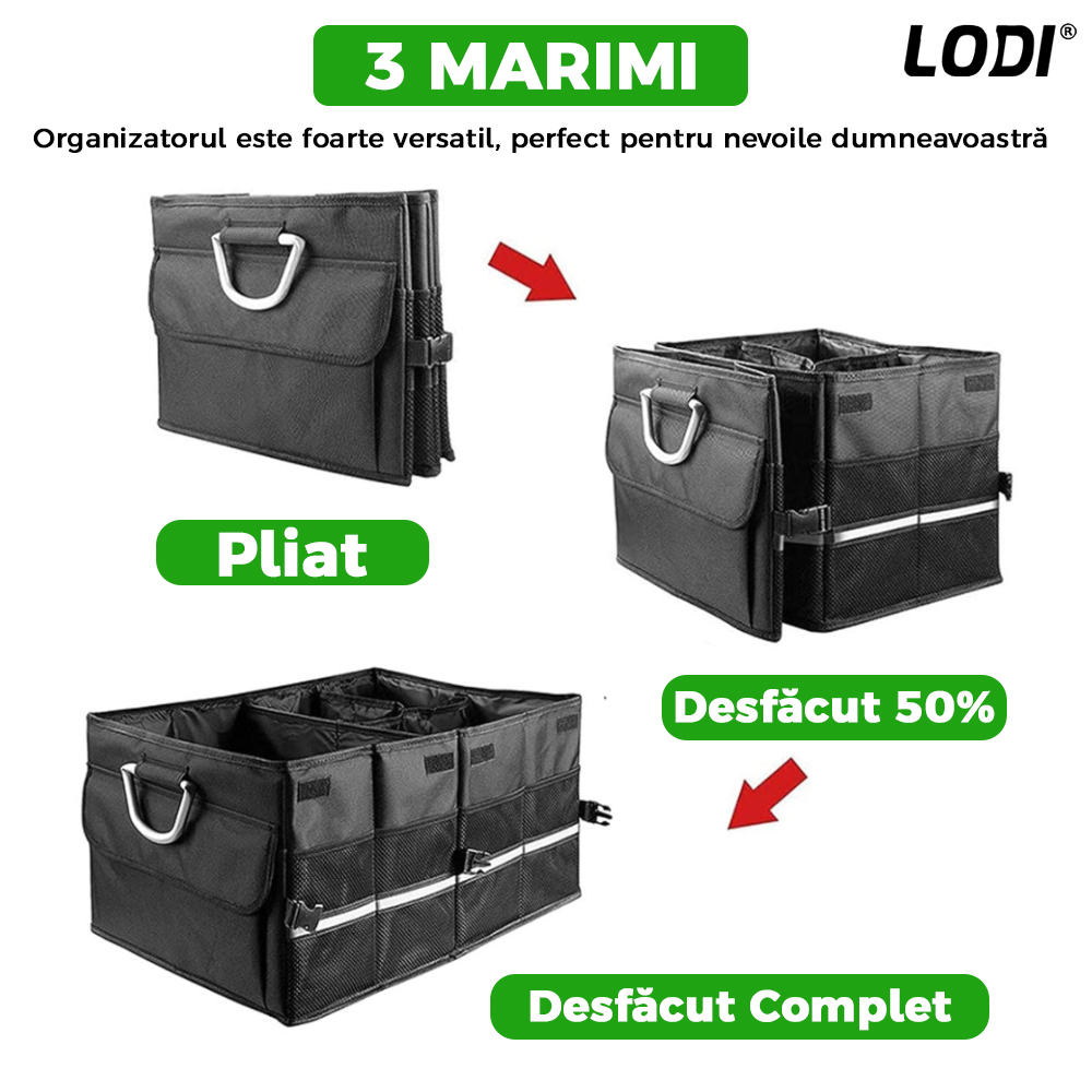 Organizator Auto Portbagaj Lodi292, 8 compartimente, pliabil, impermeabil, portabil, manere aluminiu, multifunctional, universal, capac inclus, negru