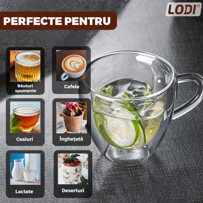 Set4 Cani de Sticla cu Perete Dublu Lodi1001, model inimioara, 4 farfurii suport, design modern, termorezistente, capacitate 250 ml, 9 x 8 cm