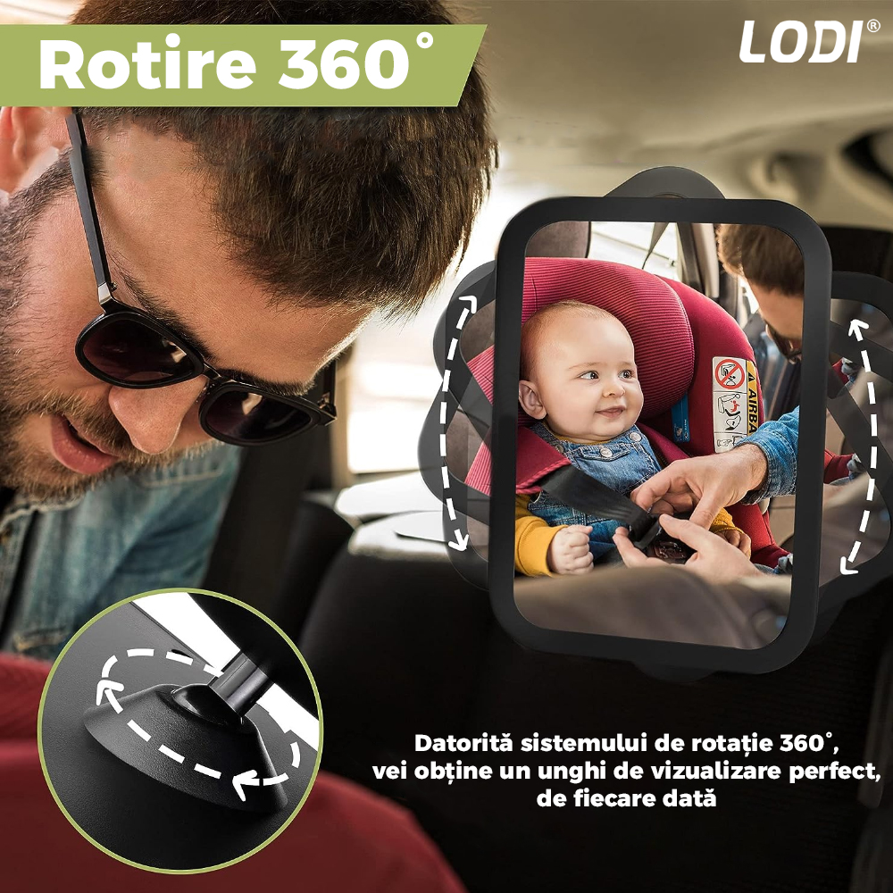 Oglinda Auto Supraveghere Bebe Lodi125, fixare tetiera, anti-alunecare, rotire 360 grade, curele reglabile, convexa, 30x20 cm, negru