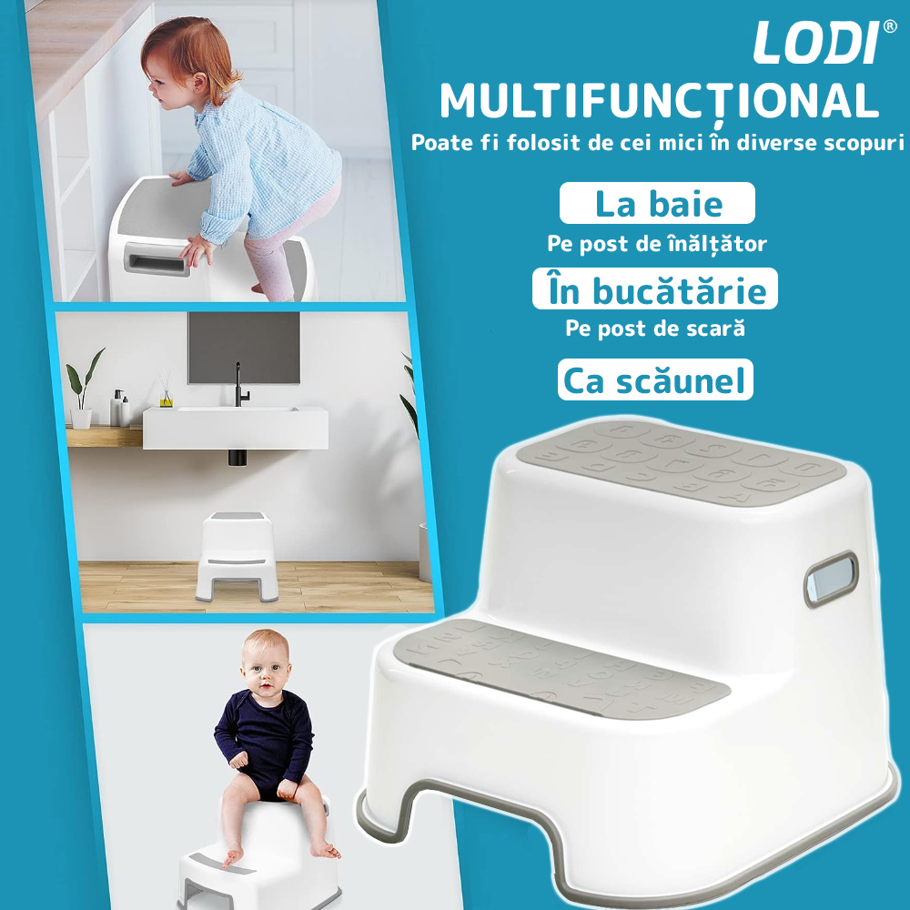 Scaunel Inaltator pentru Copii Lodi33, multifunctional, doua trepte, suprafata anti-alunecare, pentru bucatarie/baie, tip scara, confortabil, sigur, alb