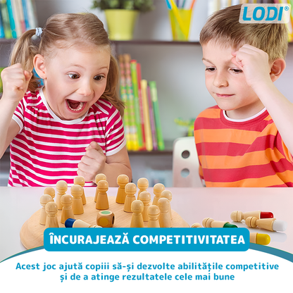 Joc de Memorie tip Sah Lodi1198, pentru copii, tabla de lemn rotunda, piese colorate, dezvolta abilitatile de memorare si inteligenta, zar inclus, multicolor