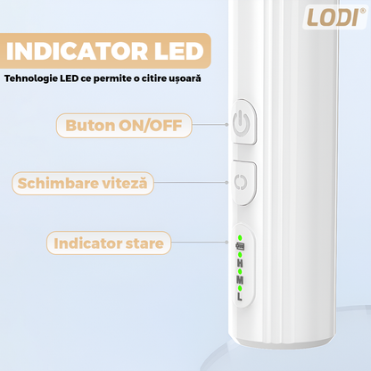 Pila Electrica Profesionala pentru Unghii Lodi1137, freza wireless, 18000 RPM, indicator led, manichiura-pedichiura, 12 capete pentru pila, 36 benzi de slefurie, portabila, alb