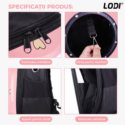 Rucsac Transport Animale Lodi22, greutate Max 7kg, hublou transparent, buzunar lateral, accesorii incluse, pentru talie mica, model Pisica, roz