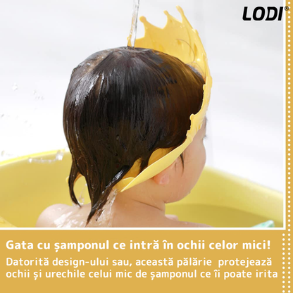 Palarie de Baie pentru Copii Lodi217, protectie impotriva samponului pentru ochi si urechi, reglabila, forma coroana rege/regina, galben
