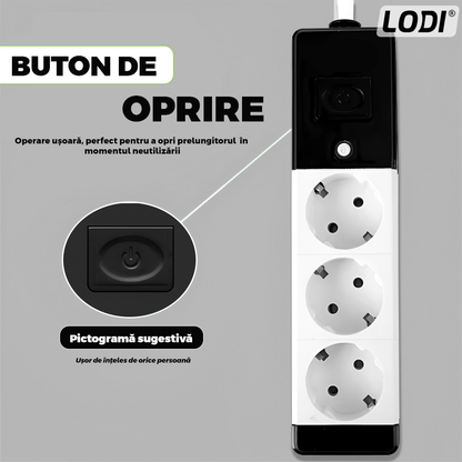 Prelungitor Lodi1280, 3 prize, intrerupator, suport de agatare incorporat, rezistent la temperaturi inalte, universal, lungime 3 metri, negru/alb