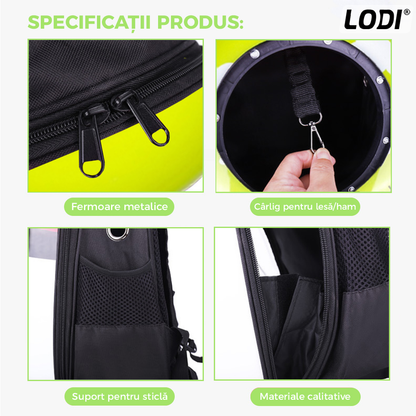 Rucsac Transport Animale Lodi27, greutate Max 7kg, hublou transparent, buzunar lateral, accesorii incluse, pentru talie mica, model Cactus, verde