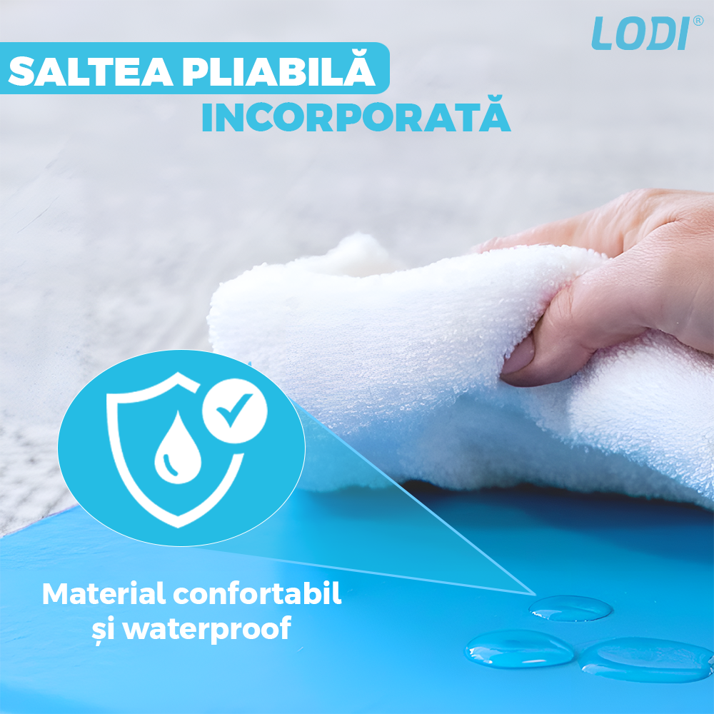 Patut Turistic Pliabil pentru Copii Lodi982, usa cu fermoar exterior, plasa de protectie tantari, materiale calitative, usor de montat, geanta de depozitare, dimensiuni 125x78x65, albastru