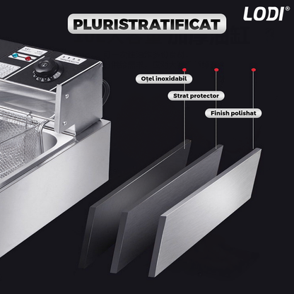 Friteuza Electrica Comerciala Lodi1110, un rezervor, usor de curatat, cos auto-strecurabil, blat din otel inoxidabil, capac pentru prevenirea stropirii, capacitate 10L, gri