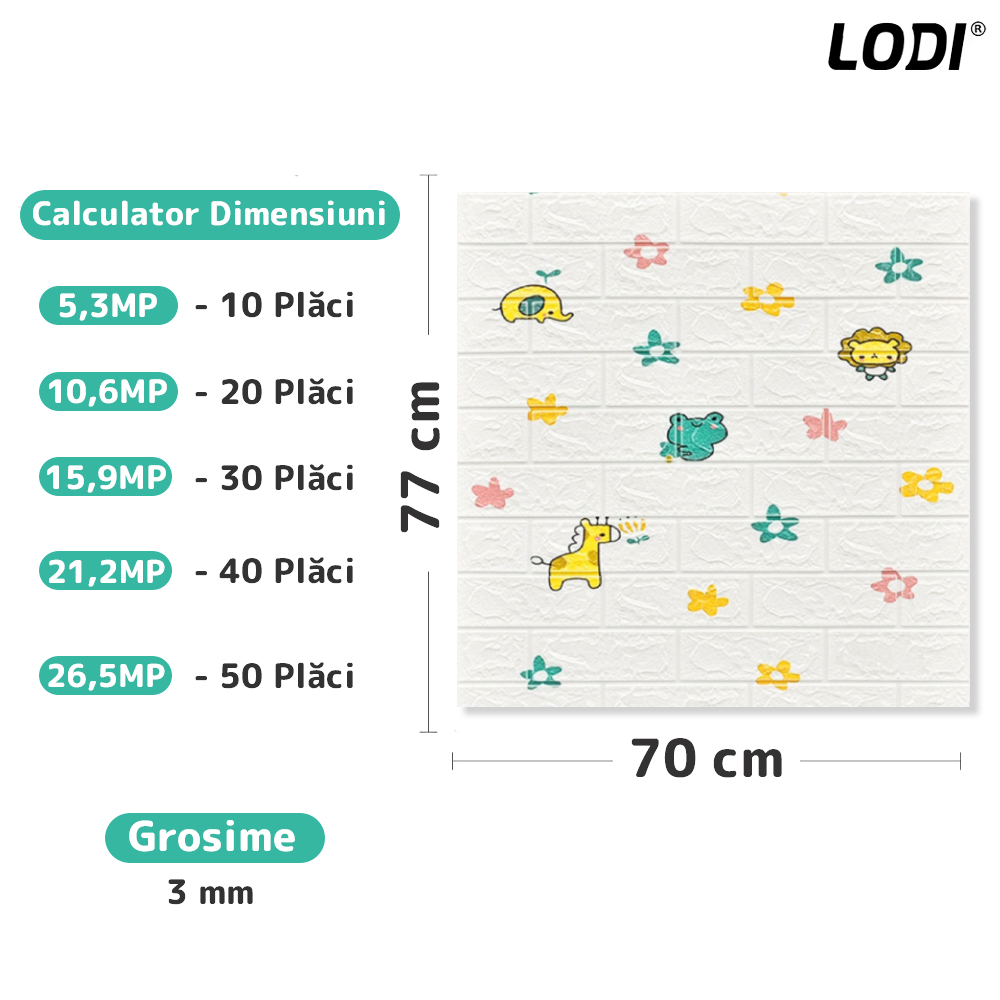 Set Tapet Caramida 3D Lodi75, model Animalute, autoadeziv, suprafata acoperire 5.3 mp, waterproof, usor de montat, design modern, 70x77 cm, alb