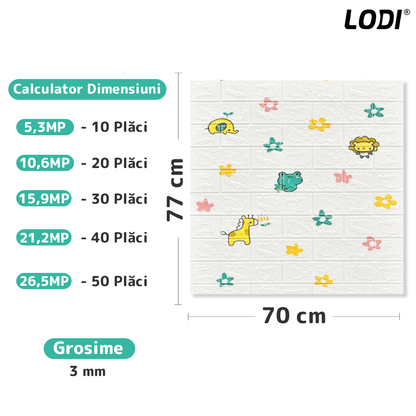 Set Tapet Caramida 3D Lodi75, model Animalute, autoadeziv, suprafata acoperire 5.3 mp, waterproof, usor de montat, design modern, 70x77 cm, alb