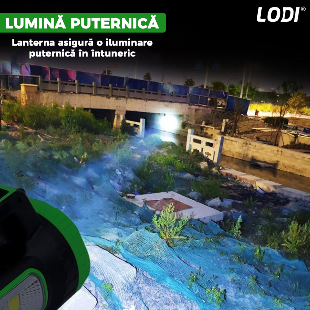 Lanterna Solara de Camping Lodi270, 2 moduri de alimentare, 5 moduri de iluminare, portabila, pentru drumetii, port USB, reincarcabila, verde