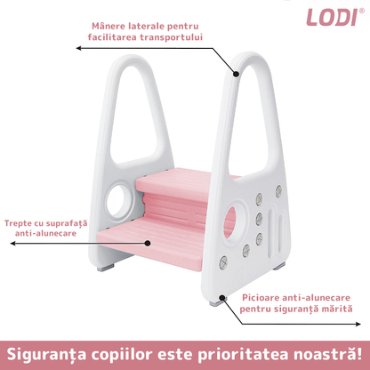 Scaunel Inaltator pentru Copii Lodi639, multifunctional,  tip scara, doua trepte, suprafata anti-alunecare, manere laterale, pentru bucatarie/baie, confortabil, sigur, roz