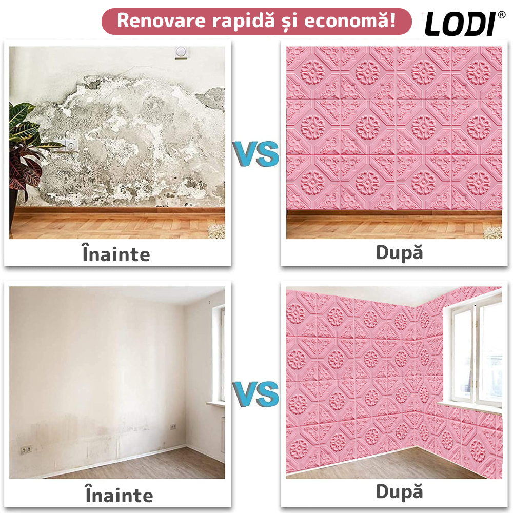 Set 10x Tapet 3D Lodi789, suprafata acoperire 4.9 mp, autoadeziv, Model Floral Carou, perete/tavan, waterproof, usor de montat, design modern, 70x70 cm, roz
