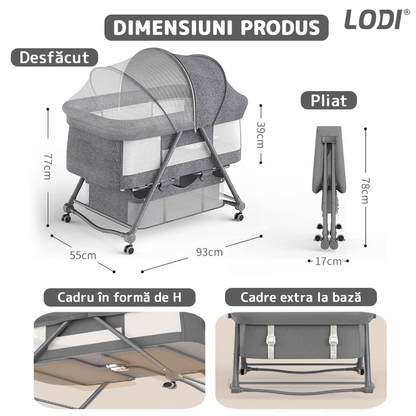 Patut Pliabil pentru Bebelusi Lodi1069, 3 trepte de inclinare, sistem de blocare, plasa anti-insecte, cos depozitare, gri