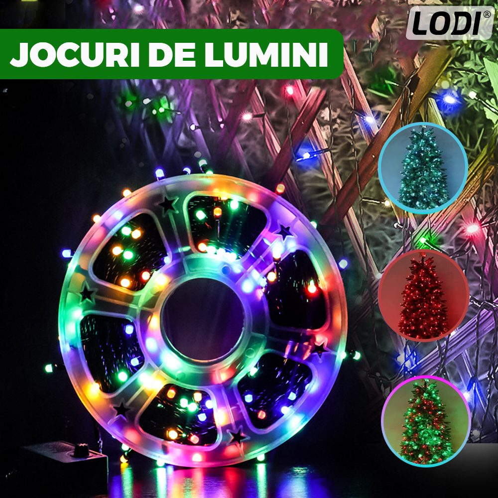 Instalatie de Craciun Liniara Lodi1456, 15 m, 8 jocuri de lumini, alimentare la priza, interior/exterior, rezistenta la apa, 200 LED-uri, multicolor