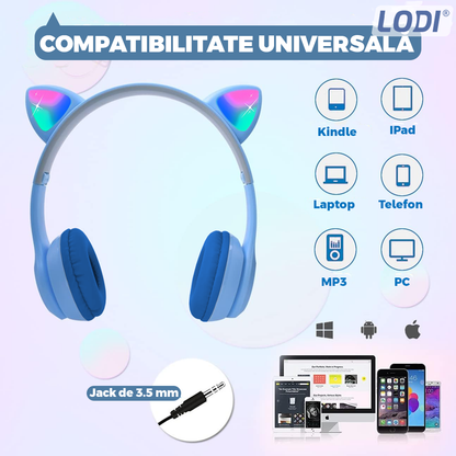 Casti Wireless Model Pisica Lodi955, P47M, overear, urechi de pisica cu iluminare RGB, bluetooth 5.0, handsfree, HiFi, bass stereo, albastru deschis