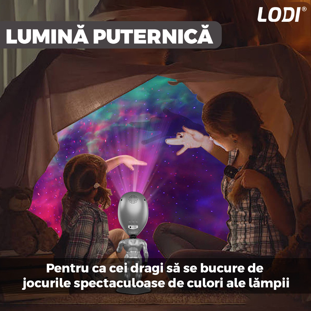 Proiector de Lumini Lodi545, tip extraterestru, cu telecomanda si timer pentru durata de iluminare, 8 moduri de proiectie, rotire 360 de grade, ajustare luminozitate, gri