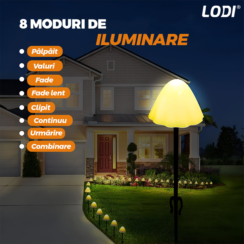 Set 10 Lampi Solare Tip Ciuperca Lodi1261, ghirlanda cu fixare la sol, panou solar, protectie Ip 65,  aspect realistic, becuri LED, 8 moduri de iluminare, alb cald