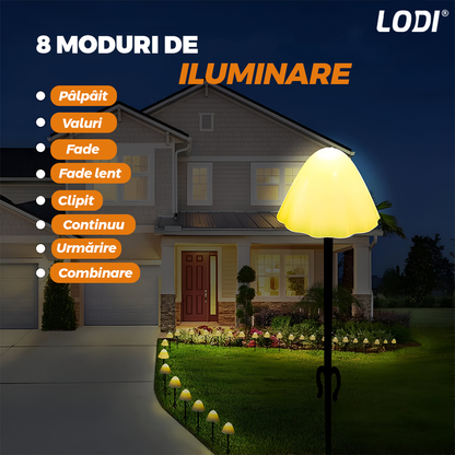 Set 10 Lampi Solare Tip Ciuperca Lodi1261, ghirlanda cu fixare la sol, panou solar, protectie Ip 65,  aspect realistic, becuri LED, 8 moduri de iluminare, alb cald