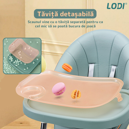 Scaun de Masa 3in1 pentru Bebelusi si Copii Lodi633, inaltime ajustabila, centura de siguranta in 5 puncte, tavita reglabila si detasabila, roti cu frana incorporata, verde smarald