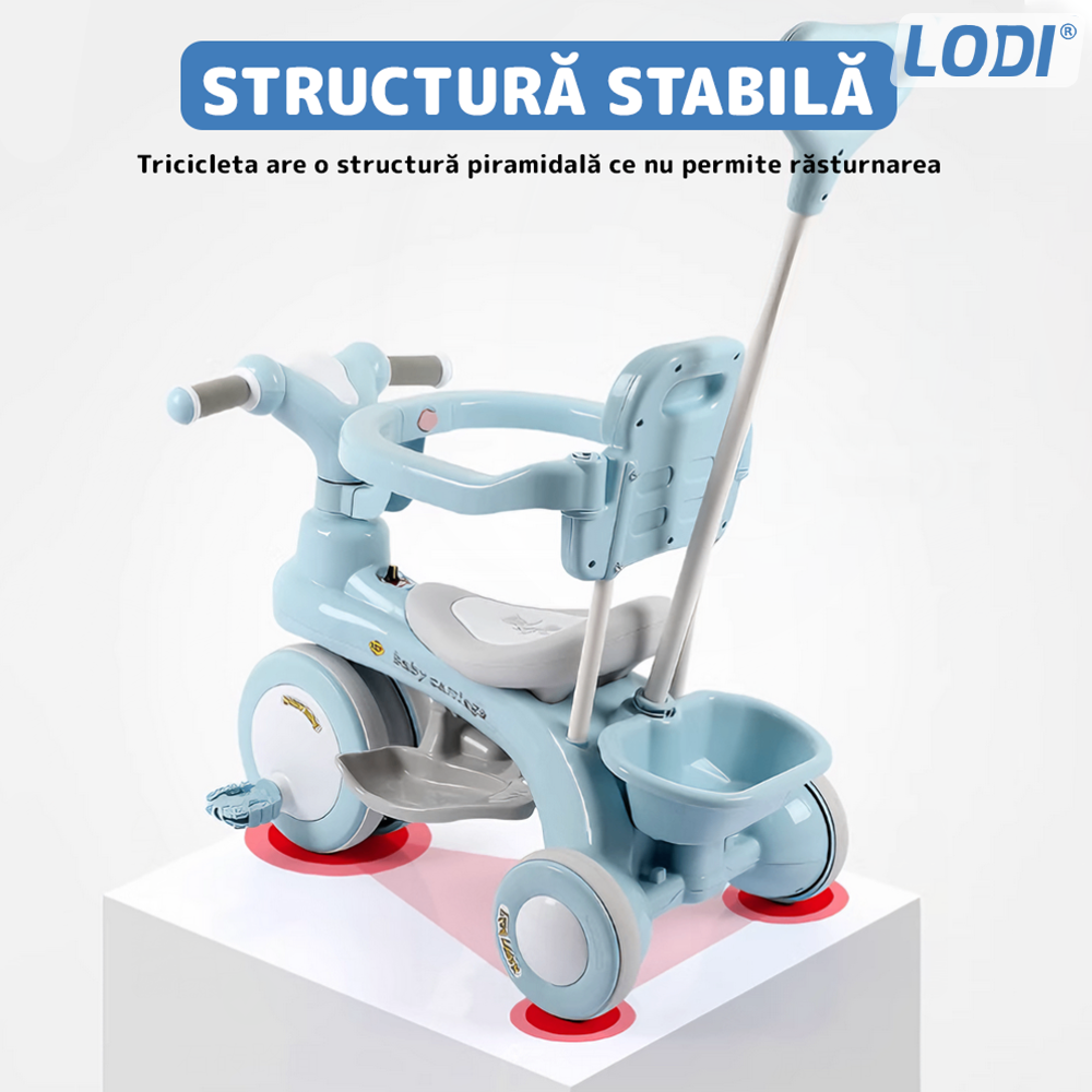 Tricicleta Multifunctionala Lodi1106, structura stabila, pedale anti-derapante, suport picioare, cosulet pe spate, spatar detasabil, parasolar, muzica incorporata, albastru