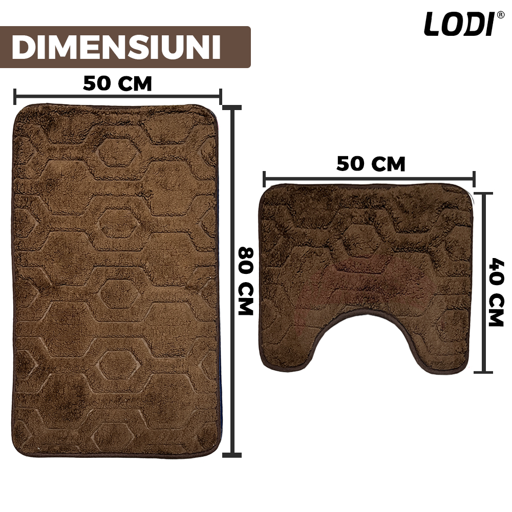 Set 2 Covorase de Baie Lodi1016, anti-derapante, material moale, design modern, model hexagoane, 80x50 & 50x40cm, maro