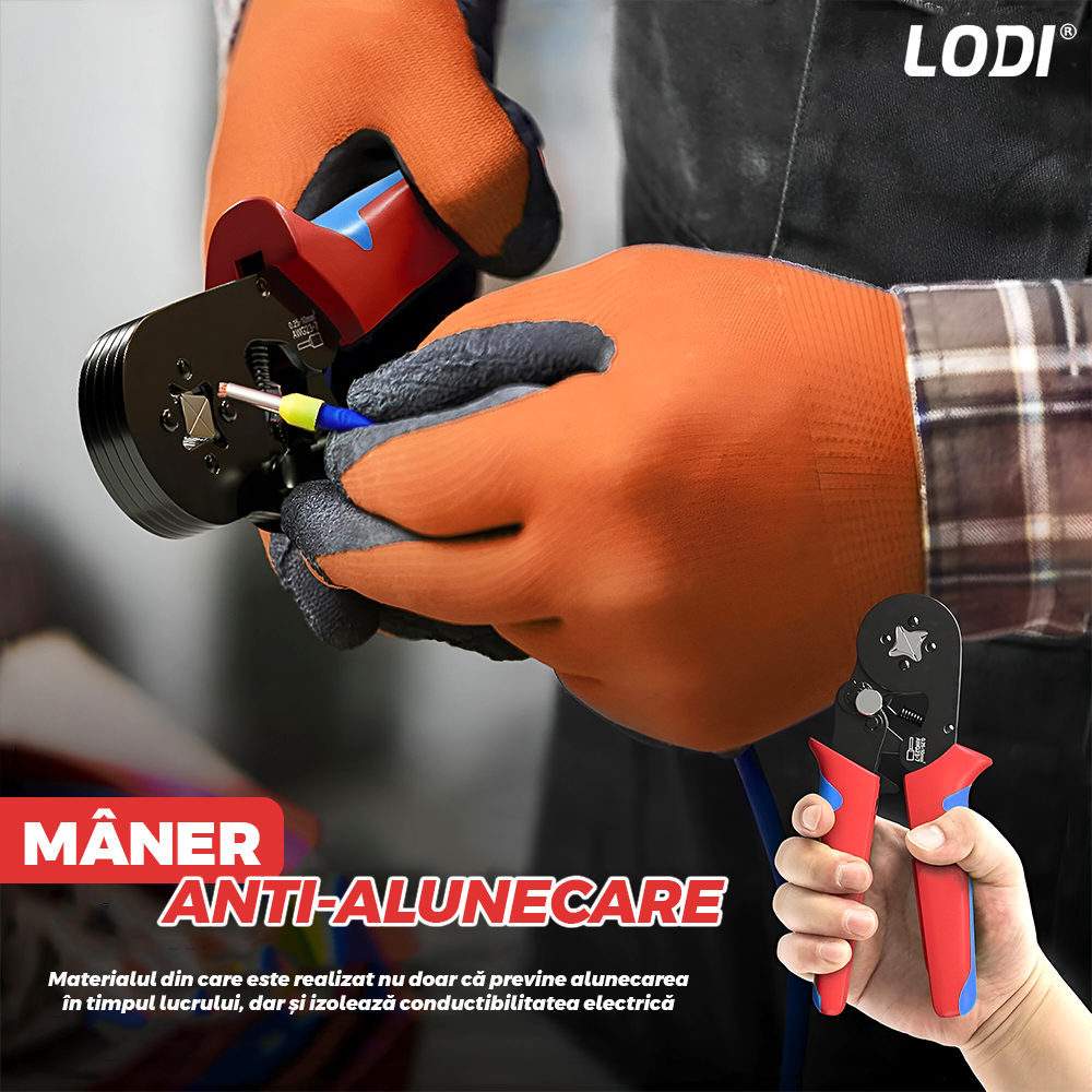 Trusa Sertizare Cabluri Electrice Lodi1268, ferule, cleste sertizare auto-reglabil cu revenire automata 0.25-10mm, maner anti-alunecare, 500 pini terminali, rosu/albastru