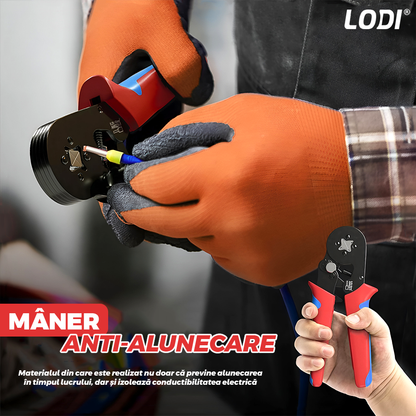 Trusa Sertizare Cabluri Electrice Lodi1268, ferule, cleste sertizare auto-reglabil cu revenire automata 0.25-10mm, maner anti-alunecare, 500 pini terminali, rosu/albastru