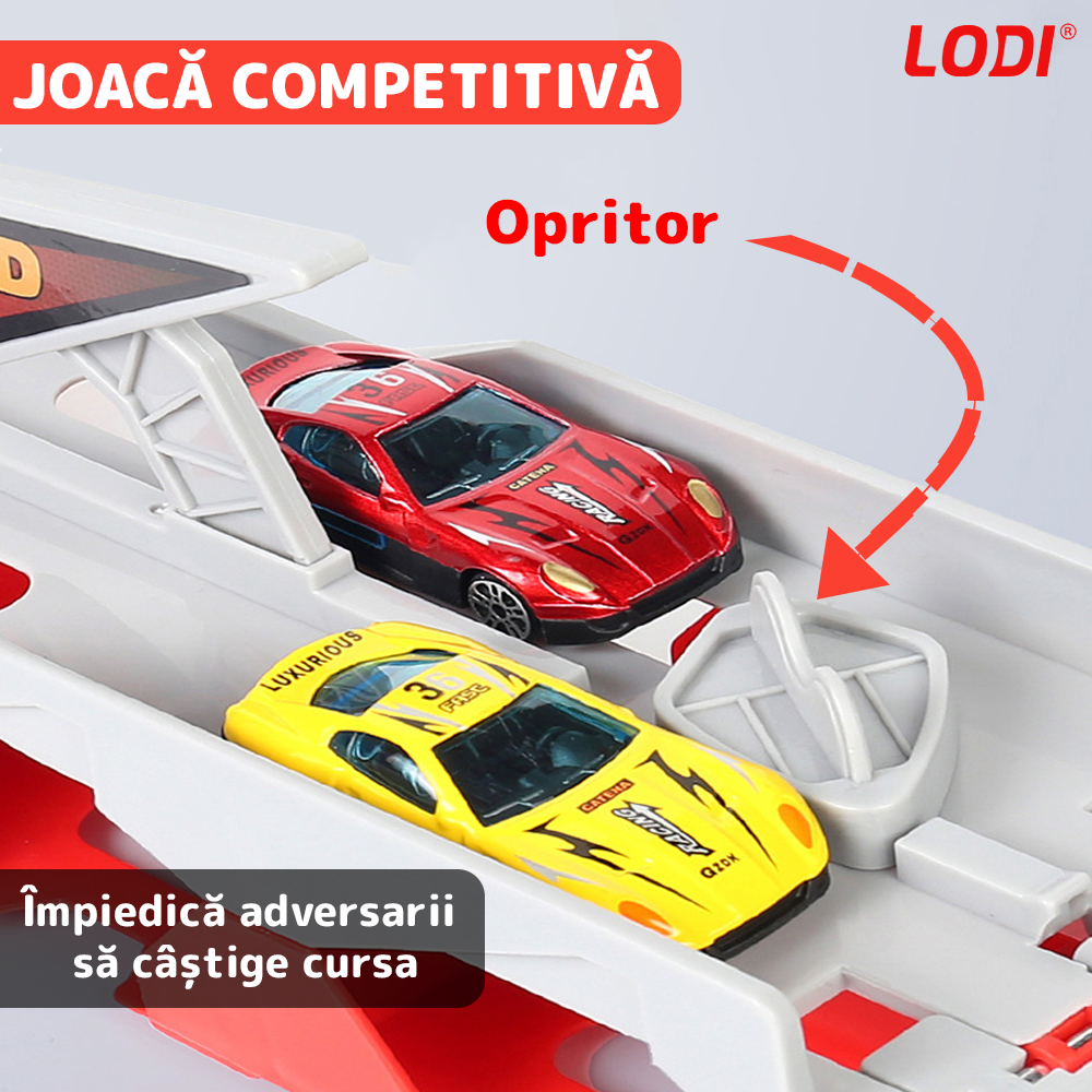 Set Camion Trailer de Jucarie pentru Transport Masinute de Curse Lodi530, tir si 8 masini, catapultare vehicule, platforma si pista de curse, prelungire 2.07 m, rosu