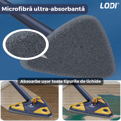 Mop cu Cap Triunghiular Lodi1144, rotire 360 grade, telescopic, curatare usoara, 3 lavete incluse, 127 cm, albastru/galben deschis