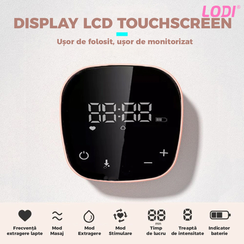 Pompa de San Electrica Dubla Lodi35, 3 functii, 9 niveluri de intensitate, 2 biberoane, masaj, stimulare, suctiune, afisaj digital, touch screen, capacitate 300ml, roz