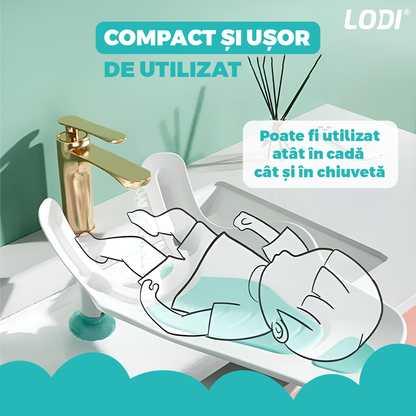 Scaun Portabil de Baie Lodi980, nou-nascuti si bebelusi, cu suport montabil tip ventuza pe chiuveta, lavoar sau cada, antiderapant, colturi rotunjite, turcoaz