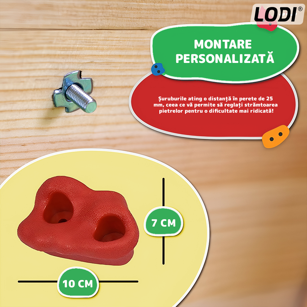 Set 10 Pietre pentru Catarat Lodi1266, pentru perete, materiale calitative, sigure, anti-alunecare, margini rotunjite, interior/exterior, sistem de prindere inclus cu imbus M8x55, multicolore