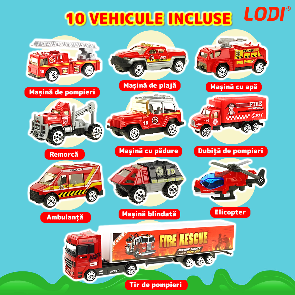 Set Camion Trailer de Jucarie pentru Transport Lodi1164, seria pompieri, 10 masinute incluse, ambulanta, utilaje, tir, accesorii mobile, lansator si rampa frontala, platforma tractare, rosu