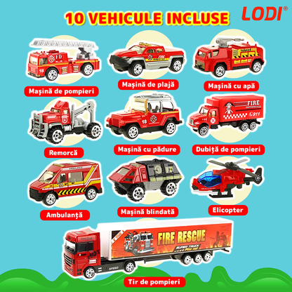 Set Camion Trailer de Jucarie pentru Transport Lodi1164, seria pompieri, 10 masinute incluse, ambulanta, utilaje, tir, accesorii mobile, lansator si rampa frontala, platforma tractare, rosu