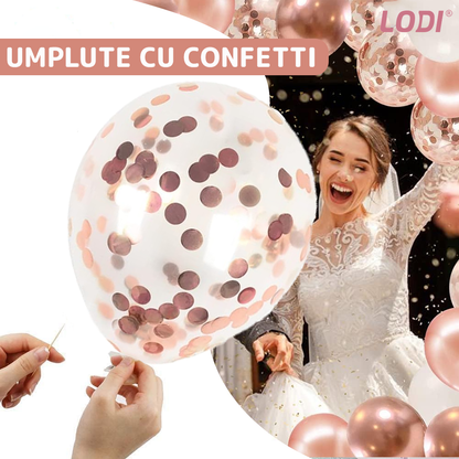 Set 27 Baloane Lodi757, Litere, pentru Petreceri/Aniversari/Evenimente, confetti, stelute, inimioare, model HAPPY BIRTHDAY, rose gold