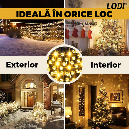 Instalatie de Craciun Liniara Lodi1433, 240 LED-uri, 8 jocuri de lumini, alimentare la priza, interior/exterior, rezistenta la apa, 50 m, alb cald