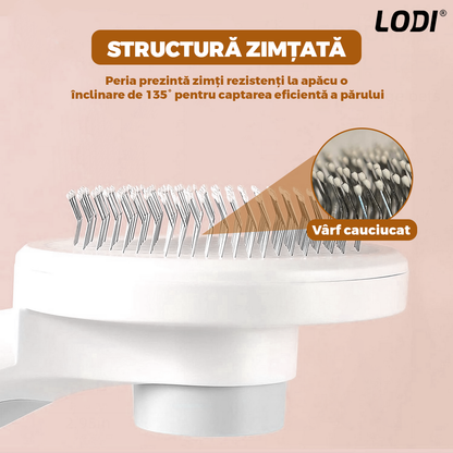 Perie pentru Curatarea si Ingrijirea Animalelor Lodi1129, buton auto-curatare, descalcire si prevenire naparlire, ingrijire si tundere blana, materiale calitative, 18.5 x 7.5 cm, alb