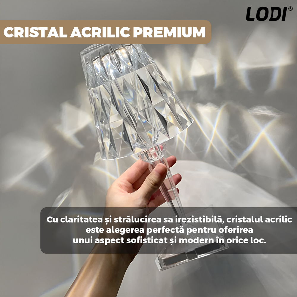 Lampa Ambientala Cristal LED Lodi1219, veioza, portabila, 3 moduri de iluminare, intensitate ajustabila, tactila, incarcare USB