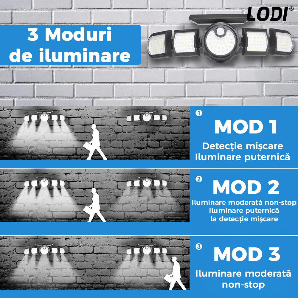 Lampa Solara 172 LED-uri Lodi265, 5 Capete, senzor de miscare, 3 moduri de iluminare, protectie IP65, Waterproof, exterior, negru