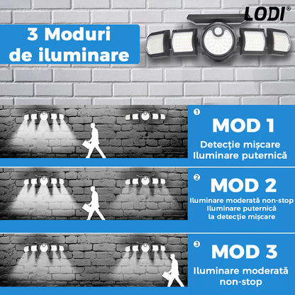 Lampa Solara 172 LED-uri Lodi265, 5 Capete, senzor de miscare, 3 moduri de iluminare, protectie IP65, Waterproof, exterior, negru