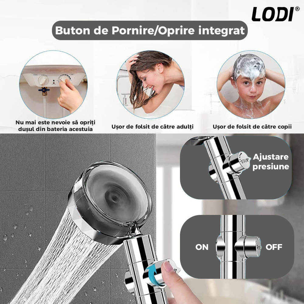 Para de Dus Turbo Lodi197, 2 filtre extra, buton On/Off, presiune ajustabila, filtrare apa, jet uniform, cap Rotativ 360°, argintiu